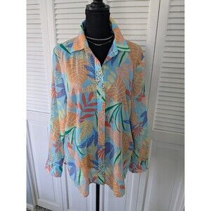 Talbots Top Women's L Pastel Floral Tropical Lightweight Cotton Hawaiian Shirt